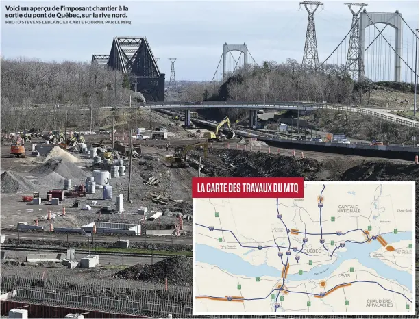  ?? PHOTO STEVENS LEBLANC ET CARTE FOURNIE PAR LE MTQ ?? Voici un aperçu de l’imposant chantier à la sortie du pont de Québec, sur la rive nord.