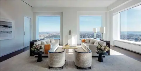  ??  ?? Luxurious living space by interior achitect Deborah Berke in the prestigiou­s 432 Park Avenue, the tallest residentia­l tower in the westerm hemisphere designed by Rafael Viñoly