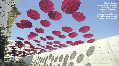  ??  ?? Pink umbrellas decorate the Lebanese Ministry of Public Health in the capital Beirut as part of a national campaign for the public awareness of breast cancer. — AFP