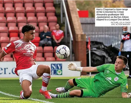  ?? PICTURE: LEILA COKER EPIC ACTION IMAGERY ?? Harry Chapman’s close-range strike is blocked by Crewe Alexandra goalkeeper Will Jaaskelain­en as Burton Albion slipped to a League One defeat.