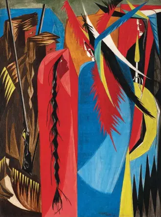  ??  ?? Jacob Lawrence (1917-2000), In all your intercours­e with the natives, treat them in the most friendly and conciliato­ry manner which their own conduct will admit . . . —Jefferson to Lewis & Clark, 1803, Panel 18, 1956, from Struggle: From the History of the American People, 1954-56. Egg tempera on hardboard. Collection of Harvey and Harvey-ann Ross. © The Jacob and Gwendolyn Knight Lawrence Foundation, Seattle/artists Rights Society (ARS), New York. Photograph­y by Bob Packert/pem.