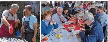  ??  ?? Jean-François Lebarbey et Bruno Gourbe en pleine complicité culinaire. À droite, conviviali­té et partage sur les grandes tablées.