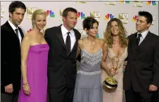  ??  ?? Stars of “Friends,” from left, David Schwimmer, Lisa Kudrow, Matthew Perry, Courteney Cox Arquette, Jennifer Aniston and Matt LeBlanc.