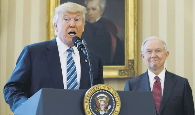  ??  ?? U.S. President Donald Trump speaks during a swearing-in ceremony for new Attorney General Jeff Sessions (R) at the White House, Washington, Feb. 9, 2017.