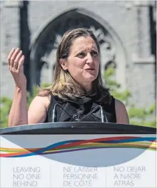  ?? JIMMY JEONG THE CANADIAN PRESS ?? Foreign Affairs Minister Chrystia Freeland speaks at a press conference earlier this week. Finance Minister Bill Morneau said Canada does not plan to launch retaliator­y measures against the Saudis.