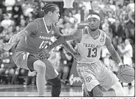  ?? AP/College Station Eagle/LAURA McKENZIE ?? Texas A&amp;M’s Duane Wilson (13) looks for a path to the basket against Arkansas’ Dustin Thomas during the Aggies’ victory over the Razorbacks in College Station, Texas.