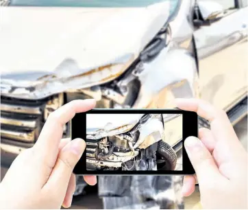  ??  ?? Your cellphone can be a useful tool when at the scene of an accident, and documented evidence can be used in insurance claims or court cases