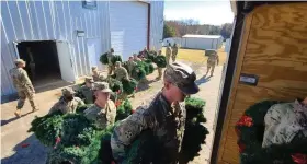  ?? Submitted photo ?? Soldiers from the Arkansas Army National Guard 233rd REG RTI, 87th Troop Command, 77th Combat Aviation Brigade, and National Guard Marksmansh­ip Training Center loaded 2,800 wreaths for LRNC for placement on the graves of unidentifi­ed fallen service members. U.S. Army National Guard photo by Staff Sgt. Shane Smith.