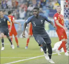  ?? Associated Press ?? France’s Samuel Umtiti sets off in celebratio­n after scoring the match’s only goal in the 51st minute.
