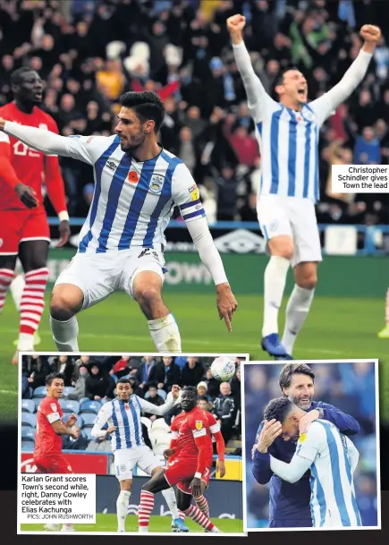  ??  ?? Karlan Grant scores Town’s second while, right, Danny Cowley celebrates with
Elias Kachunga
PICS: JOHN RUSHWORTH
Christophe­r Schindler gives
Town the lead