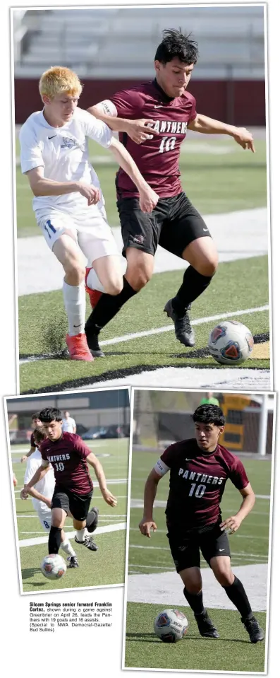  ??  ?? Siloam Springs senior forward Franklin Cortez, shown during a game against Greenbrier on April 26, leads the Panthers with 19 goals and 16 assists. (Special to NWA Democrat-Gazette/ Bud Sullins)