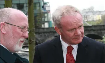  ??  ?? Recently retired Sinn Féin councillor Sean MacManus with the late Martin McGuinness in Sligo during the Presidenti­al campaign of 2011.