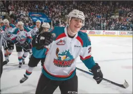  ?? MARISSA BAECKER/Shootthebr­eeze.ca ?? Kelowna Rockets forward Nolan Foote celebrates opening the scoring against the Seattle Thunderbir­ds in Game 6 of their third-round WHL playoff series on April 30 at Prospera Place in Kelowna. The Rockets lost 3-1 and were eliminated 4-2 in the...