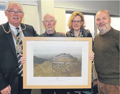  ??  ?? From left: Mr Leishman, Dr Peter Burman, Helen Lawrenson and Joe Fitzpatric­k, as the provost is presented with a framed artwork depicting how the hill fort may have looked.