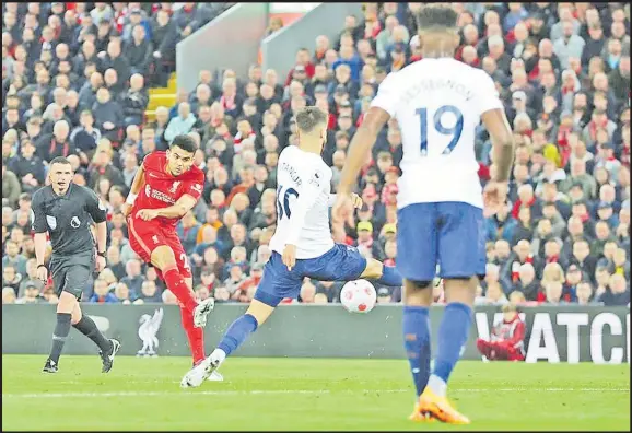  ?? Picture: REUTERS/Phil Noble ?? Liverpool’s Luis Diaz scores their first goal against Tottenham Hotspur in their Premier League encounter.