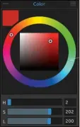  ??  ?? Drag the little circle on the outer ring to adjust a colour’s Hue, and the circle inside a square to alter Saturation and Lightness. Under the Color Palette menu you can switch between a circle (the classic colour wheel) and a square colour palette,...