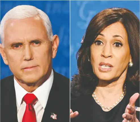  ?? ERIC BARADAT, ROBYN BECK / AFP VIA GETTY IMAGES ?? Mike Pence was accused of mansplaini­ng all the way through the vice-presidenti­al debate with Kamala Harris, which, translated into everyday language by Rex Murphy, means simply that he won the debate.