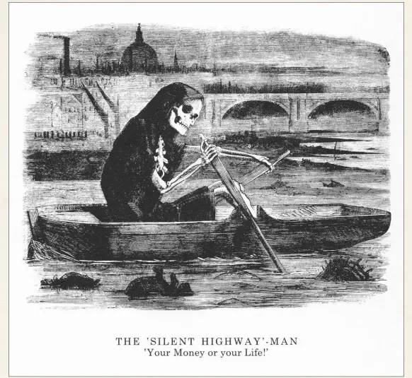  ??  ?? Above: an engraving in Punch, casting pollution as the sceptre of death. Above, right: Constable’s Parham Mill, Gillingham (1826) – but mills blocked salmons’ migratory routes