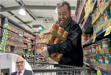  ??  ?? Owning supermarke­ts is a winner for Investore. The Salvation Army’s Jacob Howan is shown during the Countdown’s 90-second Grocery Grab for the Salvation Army last month.
Inset: Investore chairman Mike Allen and Stride Property chief executive Peter...