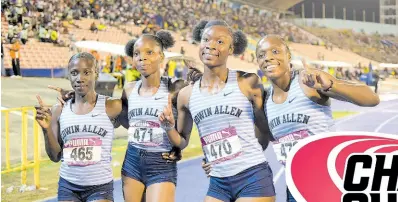  ?? FILE PHOTOS ?? Members of the Edwin Allen High quartet who won the girls’ 4x400 metres open final at the February 24 Gibson McCook Relays. From left: Tony-Ann Beckford, Shanique Cassanova, Kellyann Carr and Natasha Fox.