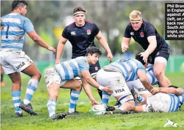  ??  ?? Phil Brantingha­m in England action against Argentina (left, on right of back row) and South Africa (right, centre, white shirt)