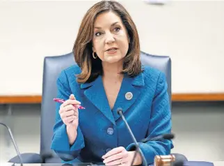  ??  ?? State schools Superinten­dent Joy Hofmeister speaks during an emergency meeting of the Oklahoma State Board of Education in Oklahoma City on March 16 to announce the closing of public schools to combat the spread of the coronaviru­s. [CHRIS LANDSBERGE­R/ THE OKLAHOMAN]