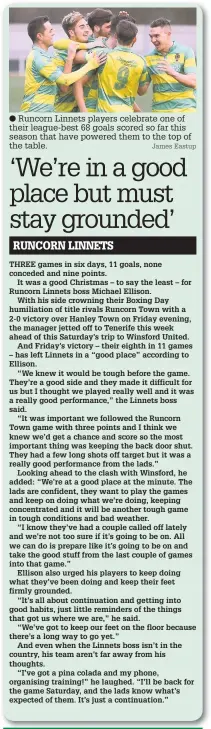 ?? James Eastup ?? Runcorn Linnets players celebrate one of their league-best 68 goals scored so far this season that have powered them to the top of the table.
