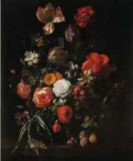  ?? © kmskb/J. Geleyns ?? ‘Stilleven met bloemenrui­ker en pruimen’, Rachel Ruysch, 1704.