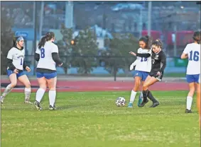  ?? Tim Godbee ?? Surrounded by defenders, Calhoun freshman Isalla Rivera tries to clear the ball away in the team’s recent win over Gordon Central. Rivera and the Lady Jackets will take on nearby Sonoravill­e Thursday night in their only game this week.