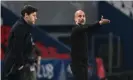  ??  ?? ▲ Pep Guardiola (right) instructs his players during their first leg win over Mauricio Pochettino’s Paris Saint-Germain. Photograph: Anne-Christine Poujoulat/AFP/Getty Images