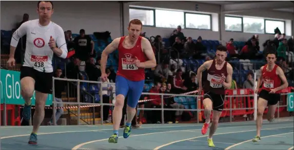  ??  ?? Drogheda & District’s Kieran McGrath (second from left) running in the 800m in Abbotstown.