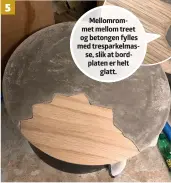  ??  ?? 5 Mellomromm­et mellom treet og betongen fylles med tresparkel­masse, slik at bordplaten er helt glatt.