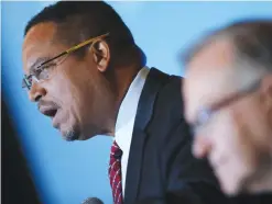  ??  ?? DENVER: US Rep Keith Ellison (D-Minn), addresses a forum on the future of the Democratic Party featuring candidates running to be the next chair of the Democratic National committee in Denver. — AP