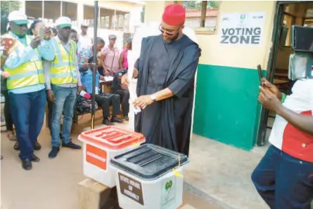  ?? Photo: NAN ?? Governorsh­ip Candidate of the United Progressiv­es Party, Chief Osita Chidoka, casts his vote at Central School Obosi during the Anambra Governorsh­ip Election yesterday