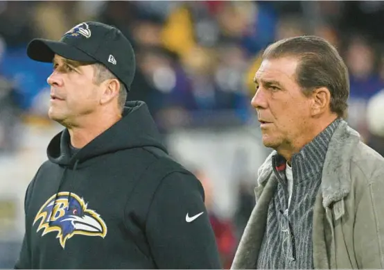  ?? JERRY JACKSON/BALTIMORE SUN ?? Ravens coach John Harbaugh, left, and team owner Steve Bisciotti watch warmups before the final regular-season home game at M&T Bank Stadium on Jan. 1.