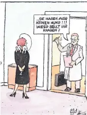  ?? ZEICHNUNG: KÜFEN ?? Hundehalte­r oder nicht? Karikaturi­st Wilfried Küfen sieht die Befragung aus dem Blickwinke­l des Humoristen.