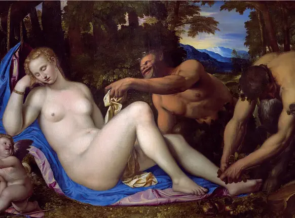  ??  ?? Mitologia «Venere e Cupido con due satiri nel paesaggio» (1570-1573, olio su tela) di Simone Peterzano arriva dalla Pinacoteca di Brera