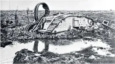  ??  ?? Great War: a British Mark IV tank stuck in the mud at Passchenda­ele, above; Donald Richardson, who was stranded, right; and his grandsons John, below left, and Richard