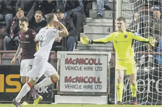  ??  ?? 2 Hearts No 1 Jack Hamilton is furious with his team-mates after Sean Welsh equalised early in the second half at Tynecastle. Boos rang out around the stadium at the final whistle.