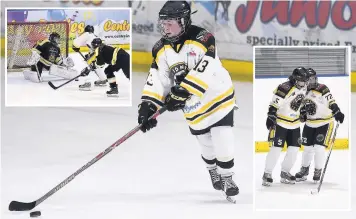  ?? Gw-images.com ?? Newcomer Katie Fairclough was straight into action for the Widnes Wild Women’s team in their clash with the Nottingham Vipers on Sunday; ( inset, right) celebratio­ns after Leen de Decker’s equaliser ( inset, left) to level the contest at 3-3.