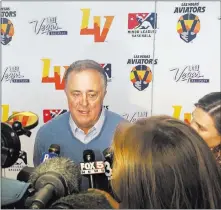  ?? John Katsilomet­es Las Vegas Review-Journal @JohnnyKats ?? Don Logan addresses the media after the Las Vegas Aviators’ naming event Saturday at Downtown Summerlin.