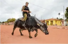  ?? Foto: Georg Ismar, dpa ?? Polizist Streife. Vitelli Cassiano geht auf der Flussinsel Marajo mit Büffel Baratchina auf