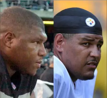  ?? Associated Press/ Steelers photos ?? Former Oakland Raiders offensive lineman Lincoln Kennedy, left, reconnecte­d with his son, Steelers starting right tackle Zach Banner.