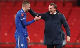  ?? Photograph: Richard Heathcote/AFP/Getty Images ?? A delighted Brendan Rodgers congratula­tes Jamie Vardy after the FA Cup semi-final win against Southampto­n.