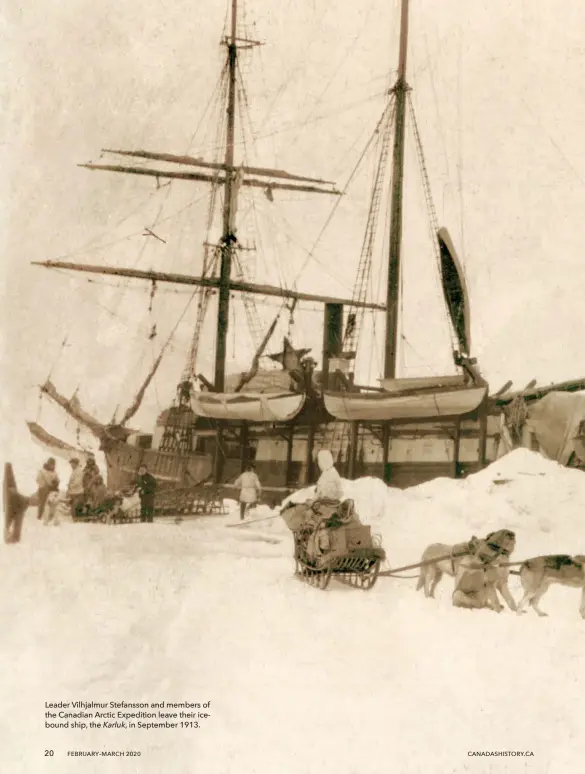  ??  ?? Leader Vilhjalmur Stefansson and members of the Canadian Arctic Expedition leave their icebound ship, the Karluk, in September 1913.