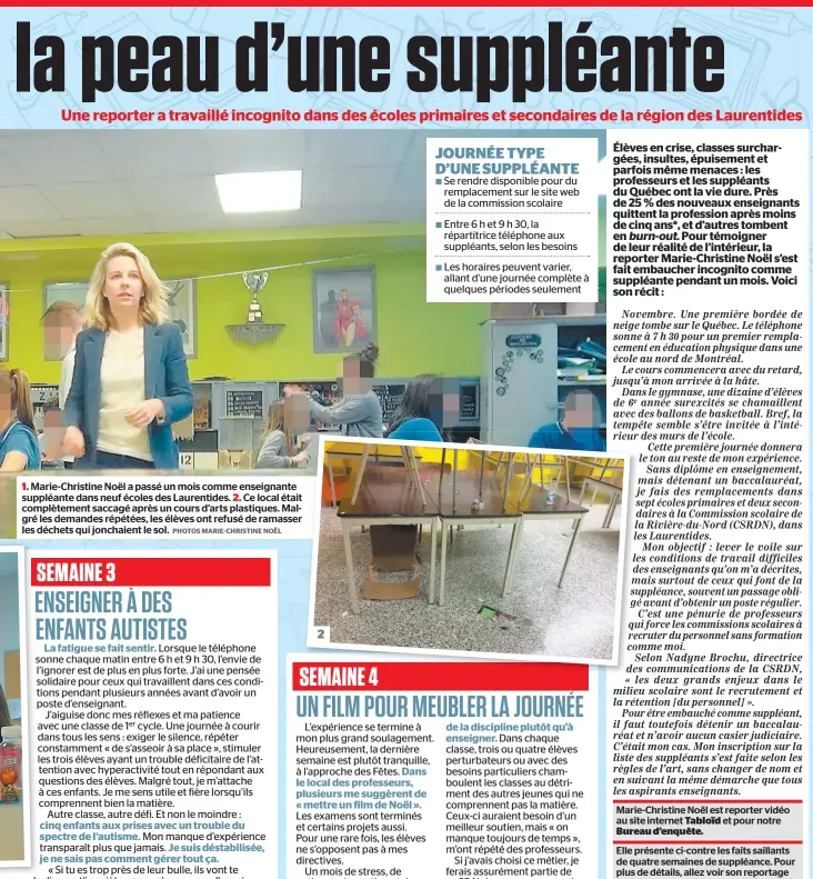  ?? PHOTOS MARIE-CHRISTINE NOËL ?? 1. Marie-Christine Noël a passé un mois comme enseignant­e suppléante dans neuf écoles des Laurentide­s. 2. Ce local était complèteme­nt saccagé après un cours d’arts plastiques. Malgré les demandes répétées, les élèves ont refusé de ramasser les déchets...