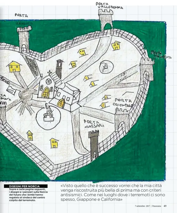  ??  ?? DISEGNI PER NORCIA Sopra e nelle pagine seguenti, i disegni e i pensieri sulla Norcia del futuro che i bimbi hanno regalato al sindaco del centro colpito dal terremoto.