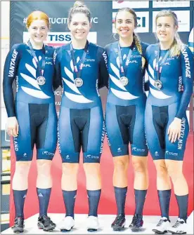  ?? Photo / Guy Swarbrick. ?? The Vantage New Zealand women’s team pursuit of, from left, Kirstie James, Holly Edmondston, Bryony Botha and Rushlee Buchanan on the podium at the UCI Track World Cup competitio­n in Paris.