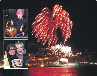  ??  ?? Fireworks explode in a spectacula­r display above Oban Bay, but there were also bonfire night events in Dunbeg, where, inset, young Mhairi Inglis was selling glow sticks to children while Shirley Inglis and Breege Smyth enjoyed the fun.