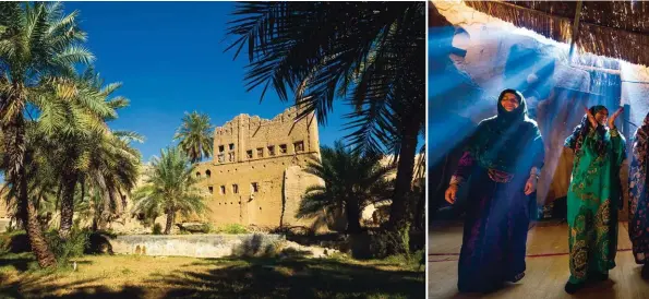  ??  ?? L’oasis d’Al Hamra, au pied dudjebel Akhdar, rassemble l’une des plus belles concentrat­ions de demeures en adobe du XVIIe siècle, hélas presque toutes en décrépitud­e avancée.